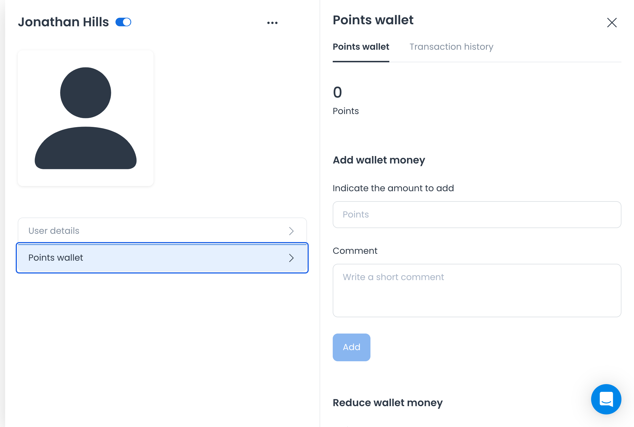 Vista Points Wallet del cliente con pestañas de saldo e historial de transacciones