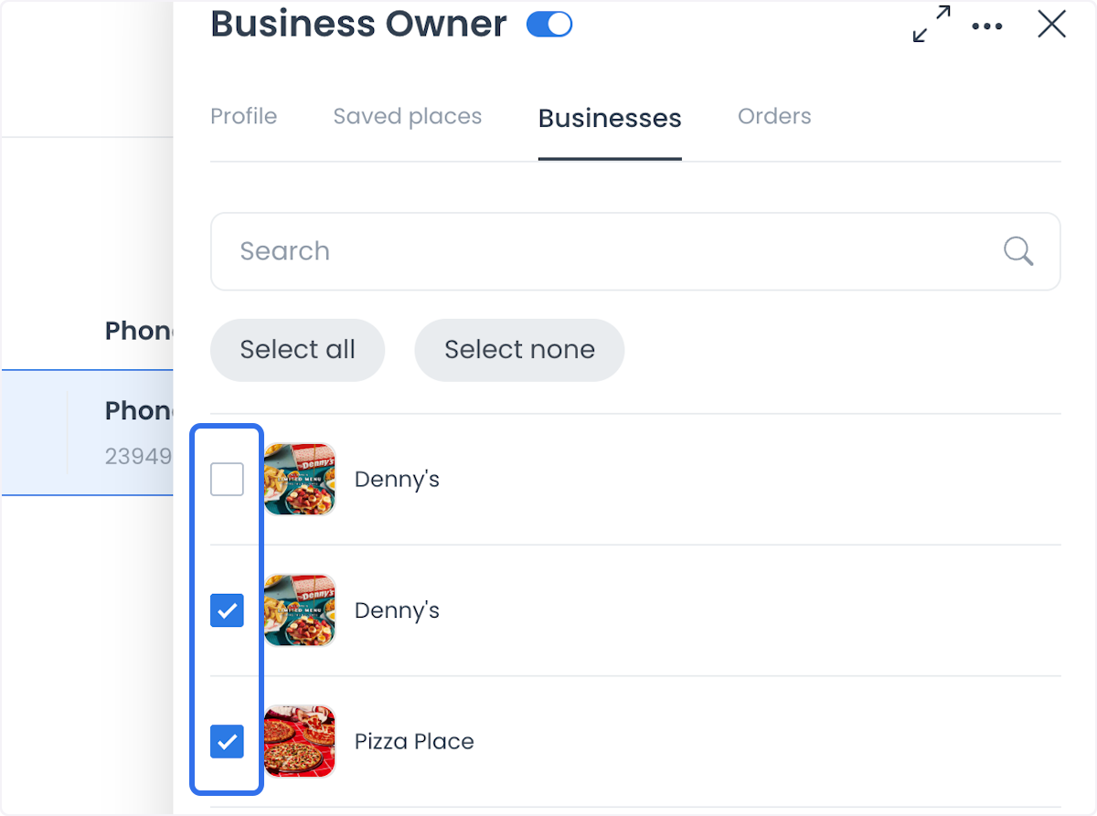 Pestaña Businesses de business owner con relaciones seleccionables con negocios