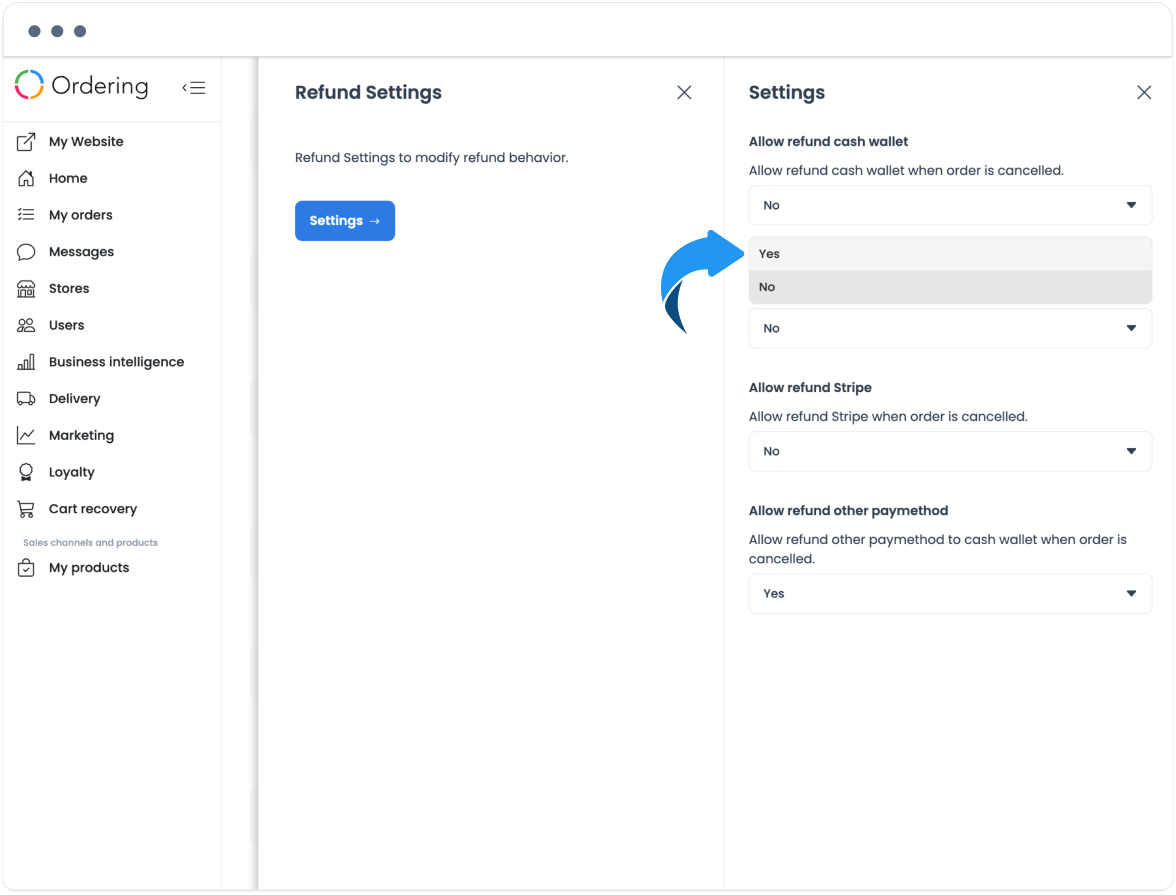 Panel Refund Settings que muestra la opción de reembolso a Cash Wallet