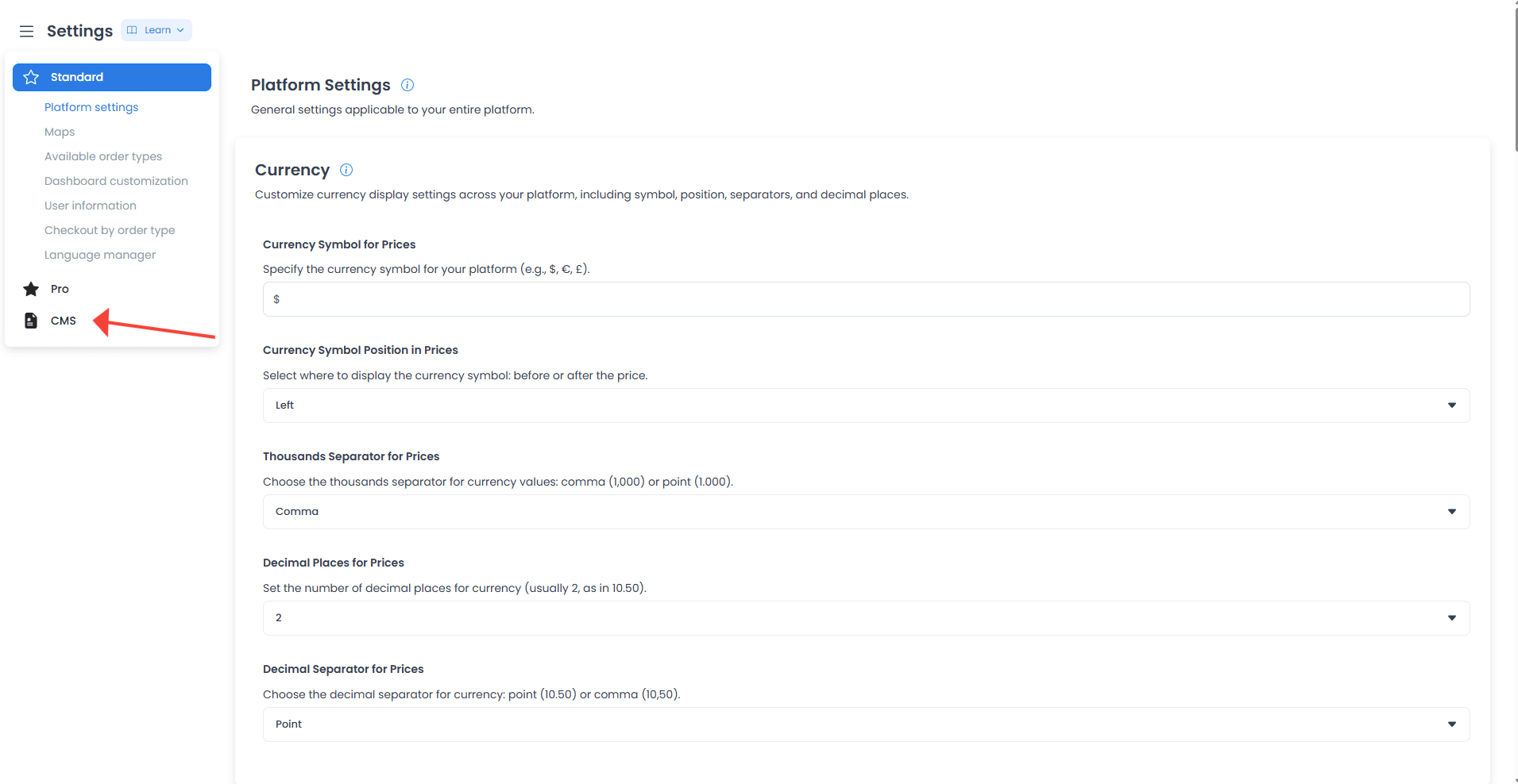 Navegación Settings con CMS identificado