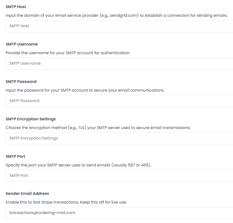 Campos de detalles de conexión SMTP personalizada