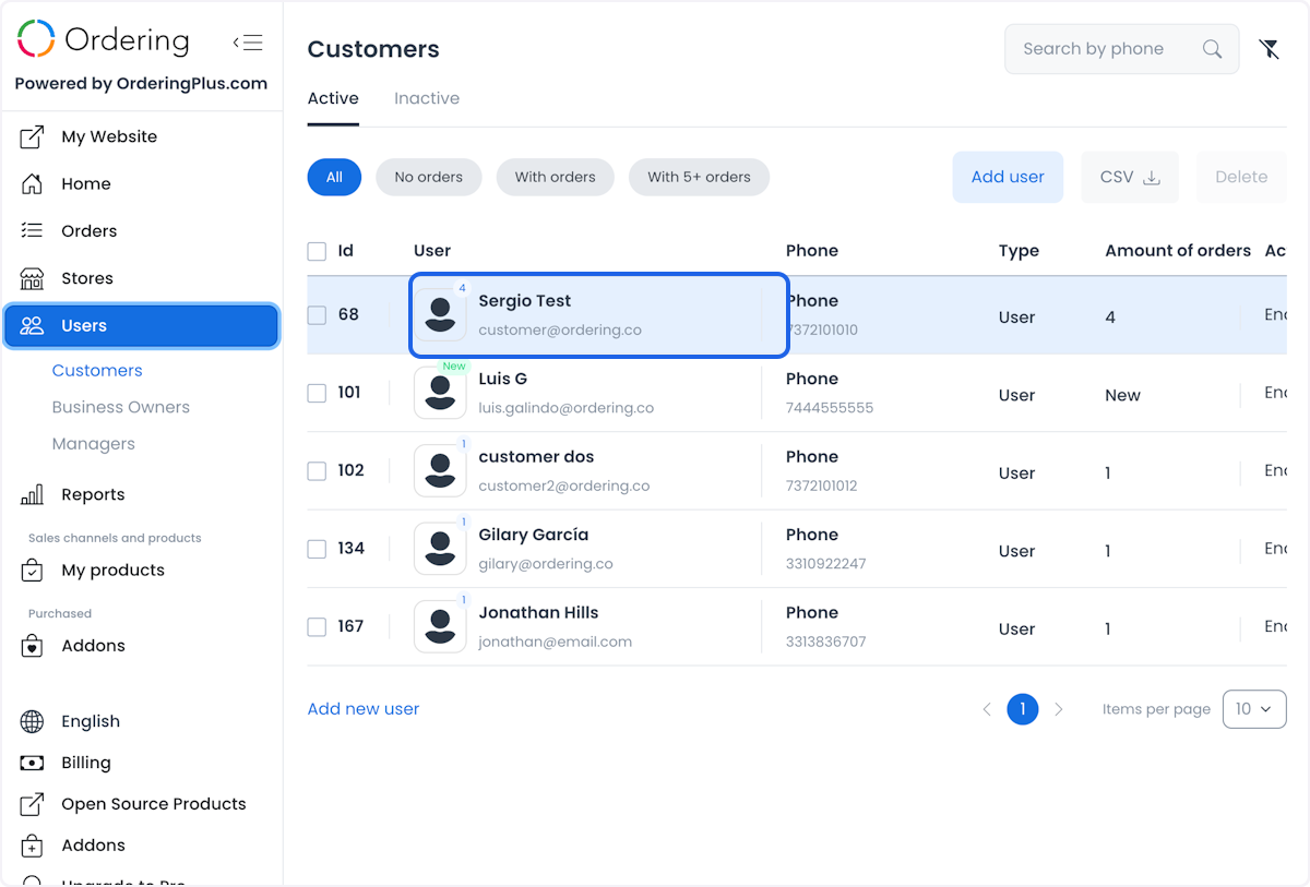 Customers list with a customer row selected for wallet review