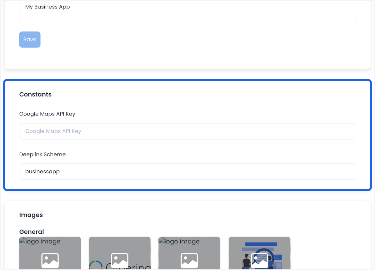 Constantes de Business App para Google Maps API Key y el esquema de deeplink