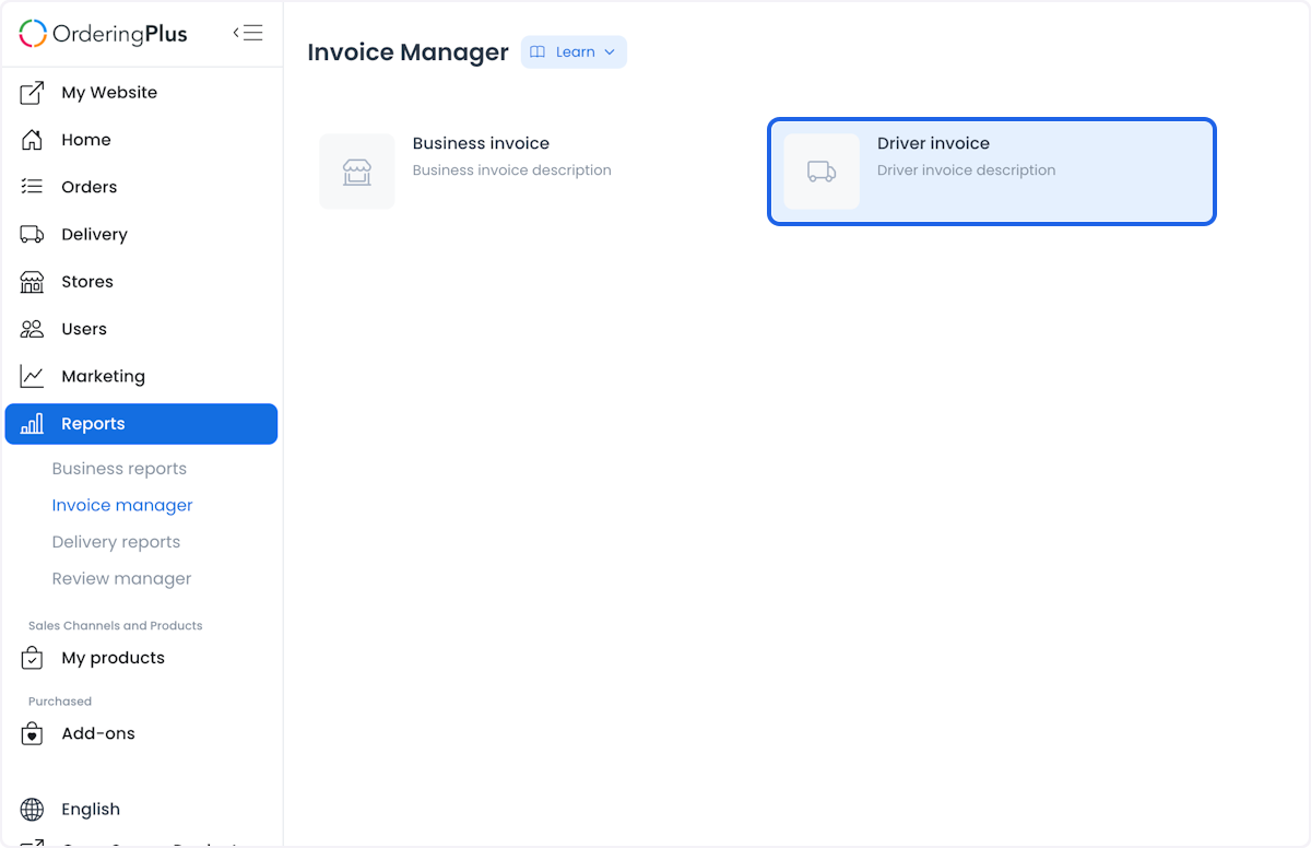 Invoice Manager with Driver invoice selected