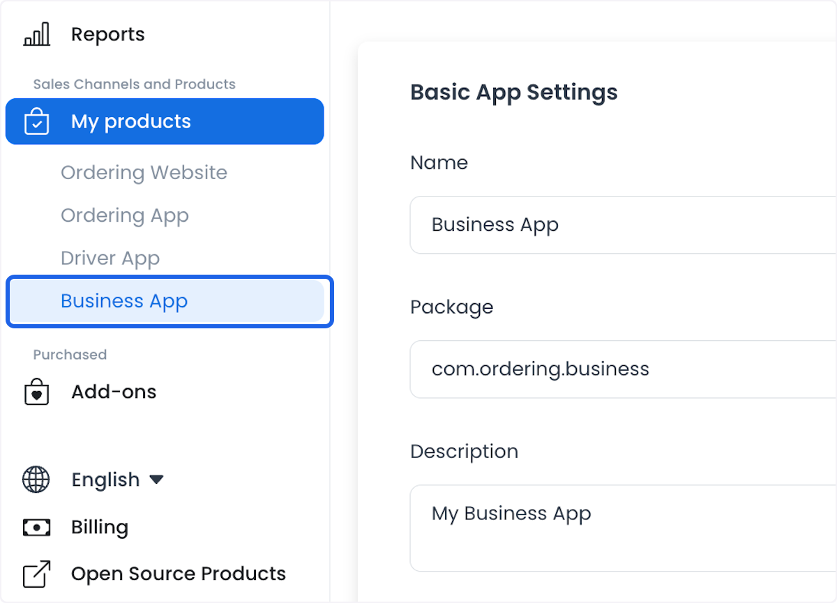 Ajustes básicos de Business App con nombre, paquete y descripción