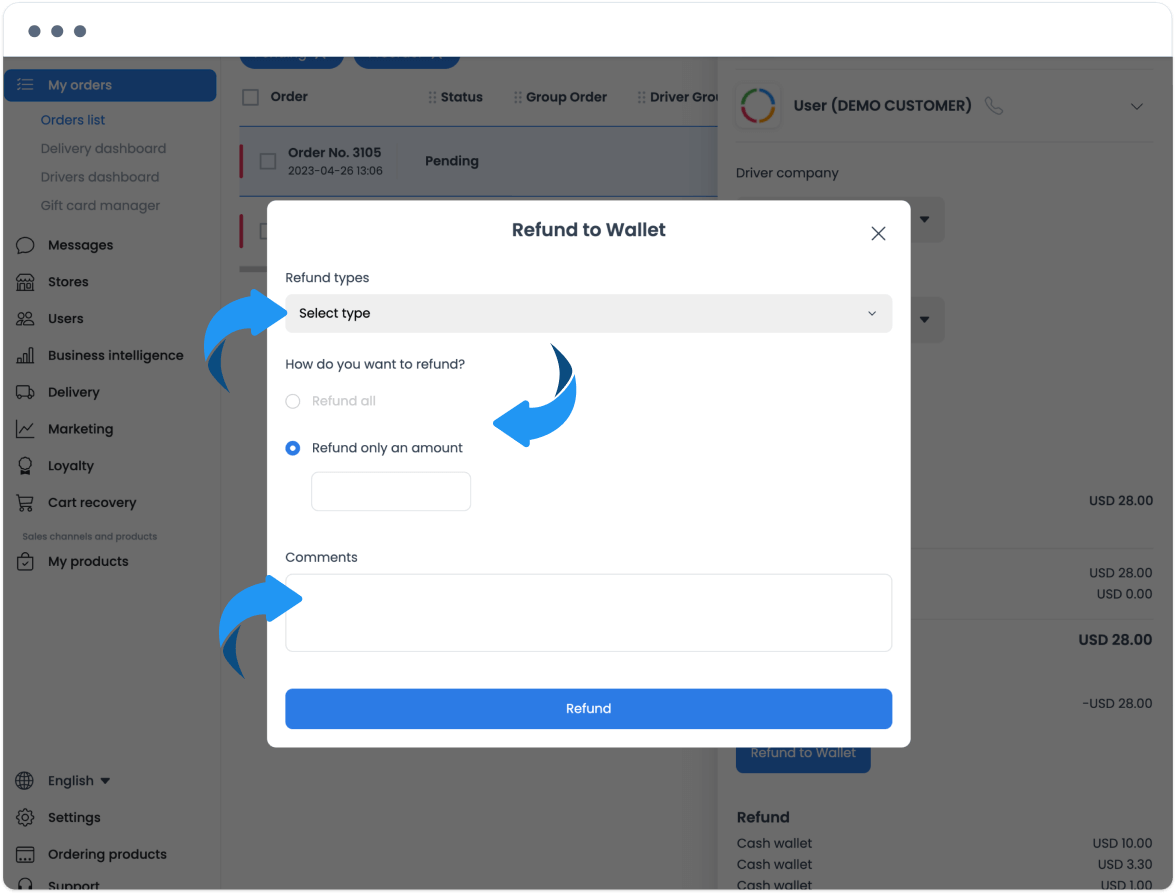 Refund to Wallet dialog before a refund type is selected
