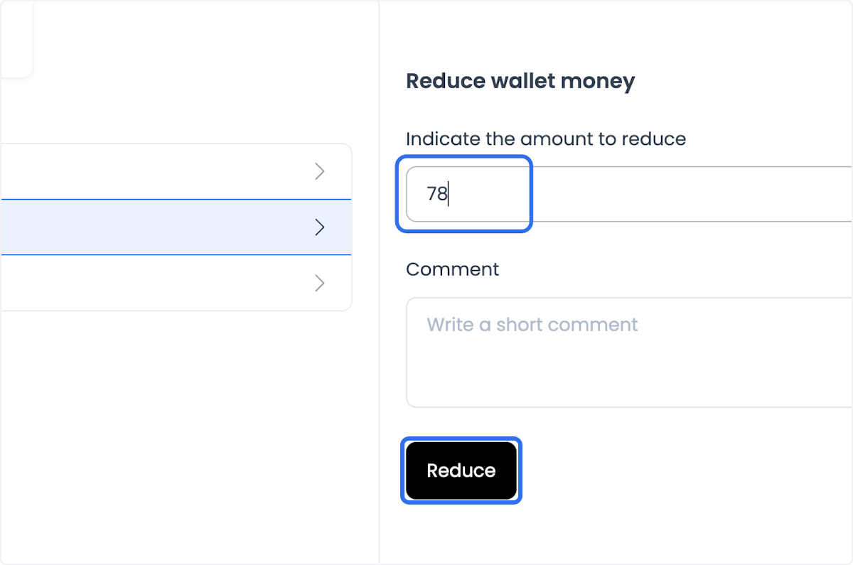 Panel Cash Wallet con el formulario Reduce wallet money
