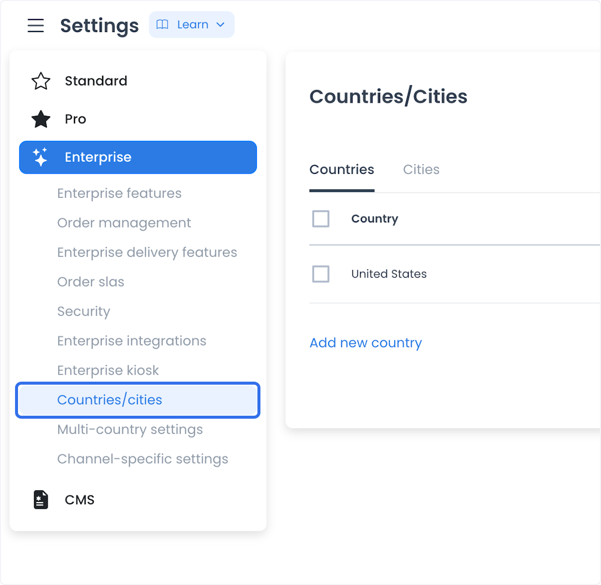 Opción Countries/Cities en Settings