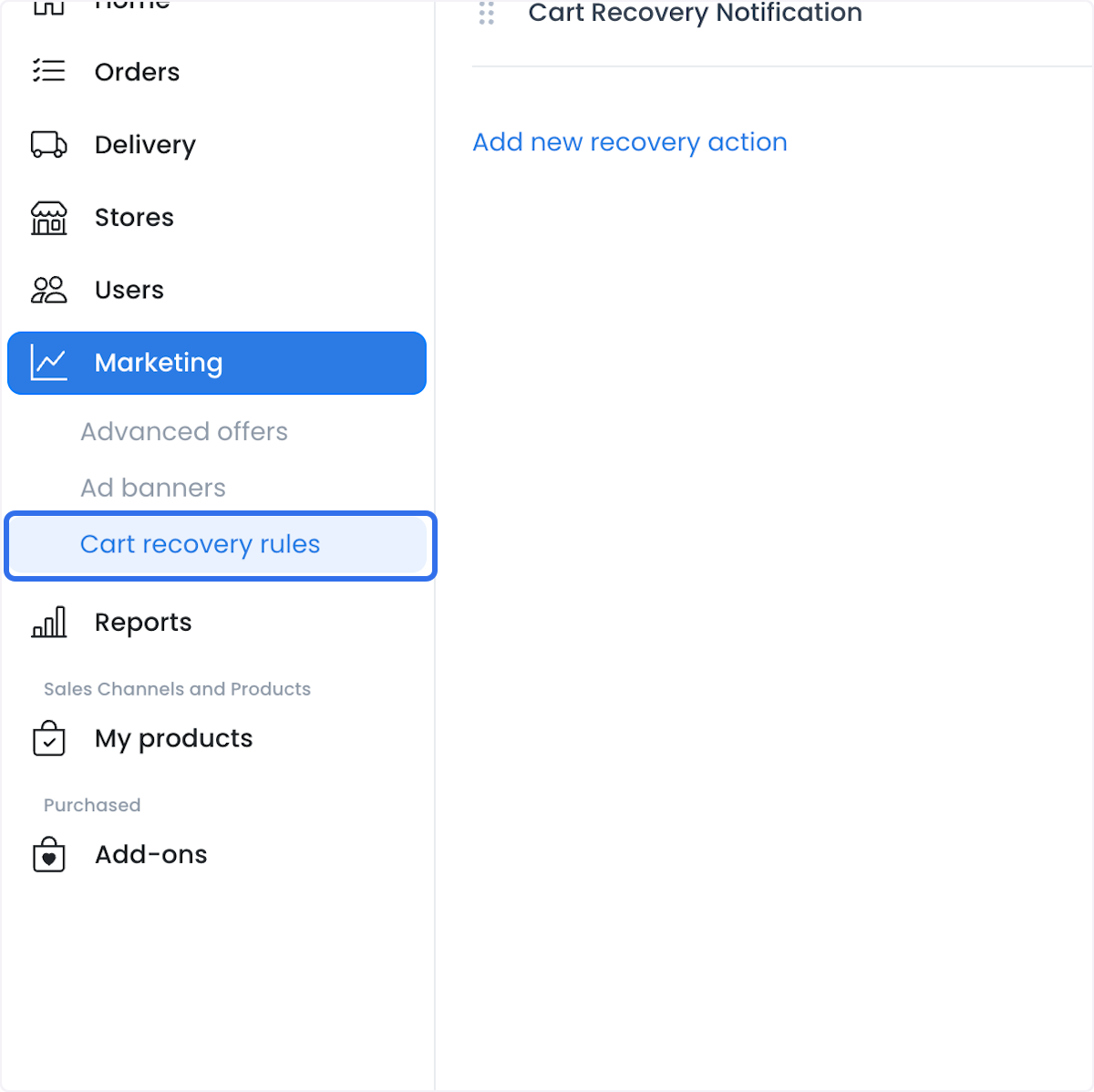 Navegación de Dashboard con Cart recovery rules seleccionada