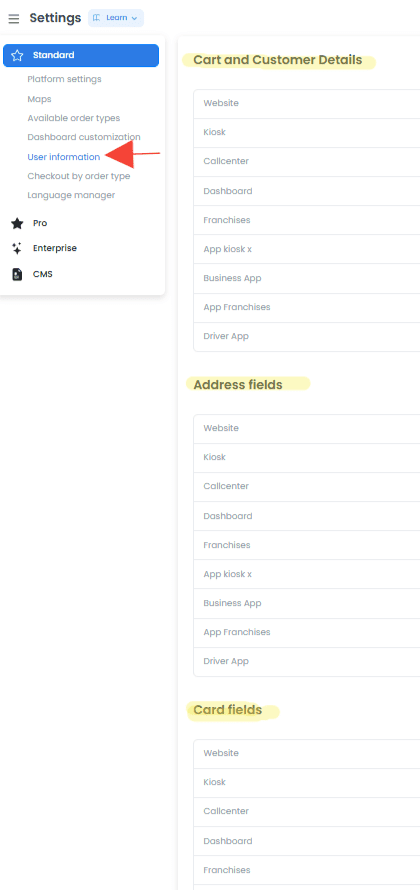 Categorías de configuración User Information para una plataforma seleccionada