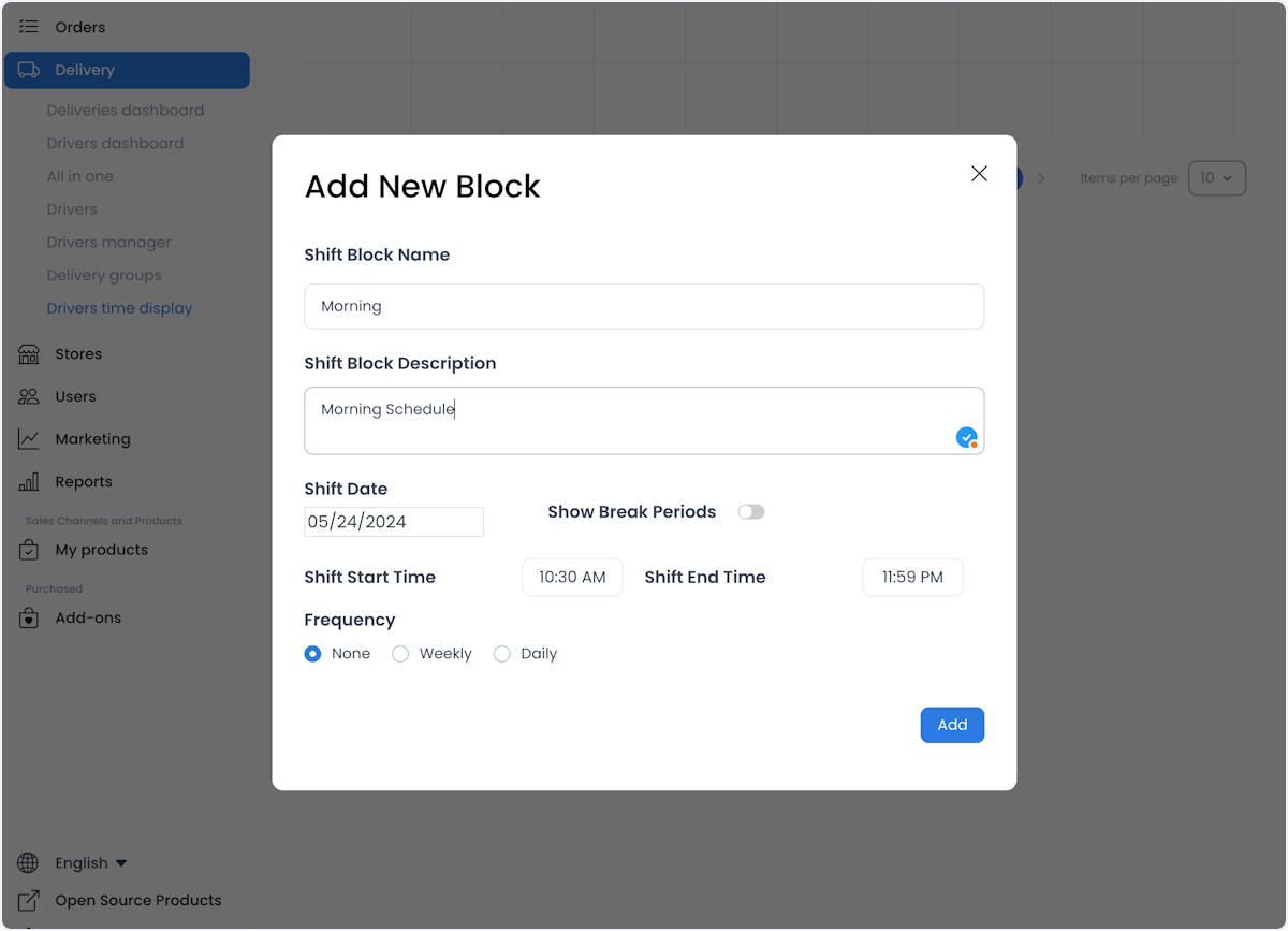 Formulario Add New Block con campos de horario