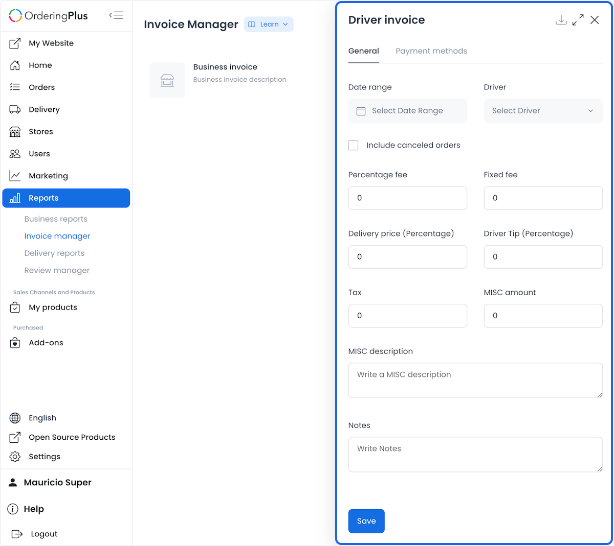 Driver invoice date range, payment-method, and driver fields