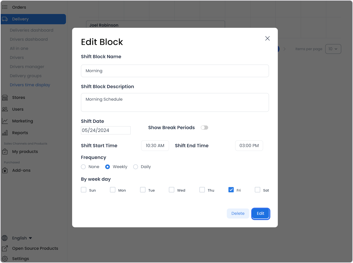 Formulario Edit Block con controles de descanso y recurrencia