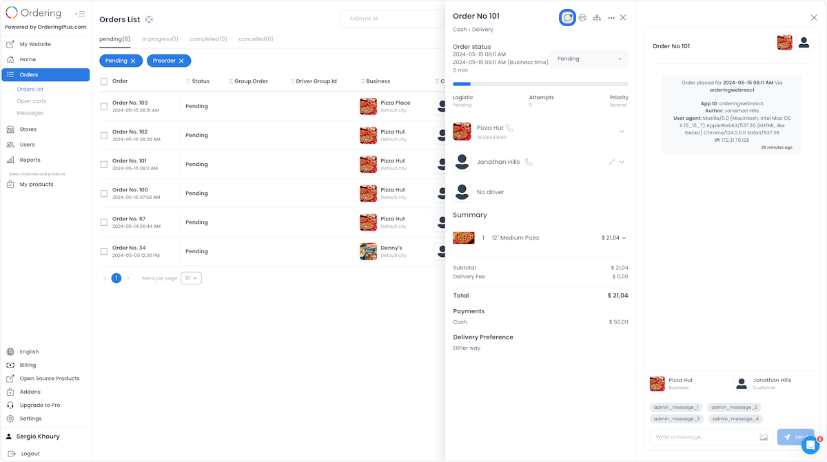 Detalles del pedido y acción Messages en Dashboard