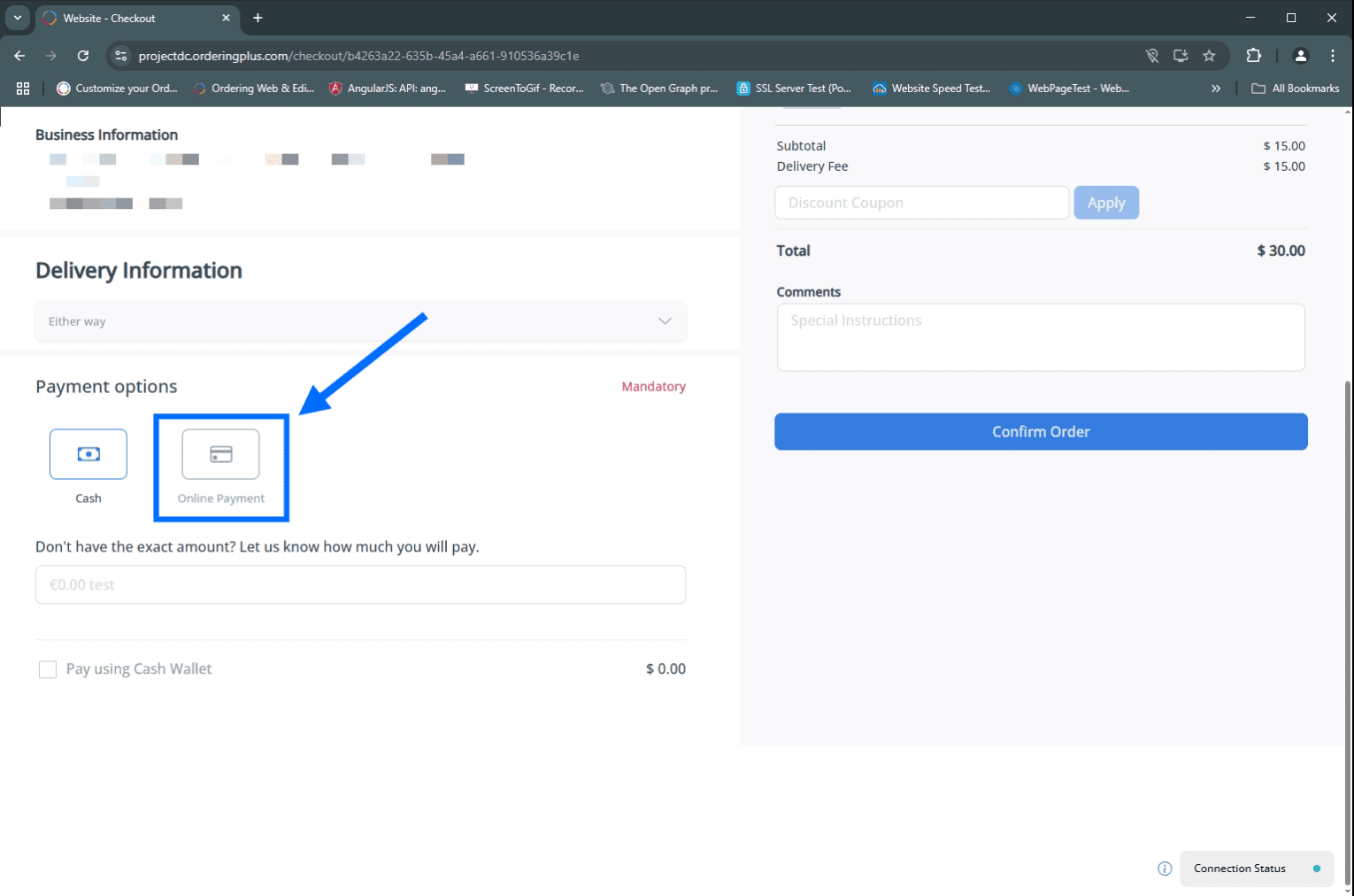 Customer checkout with the online card payment option highlighted