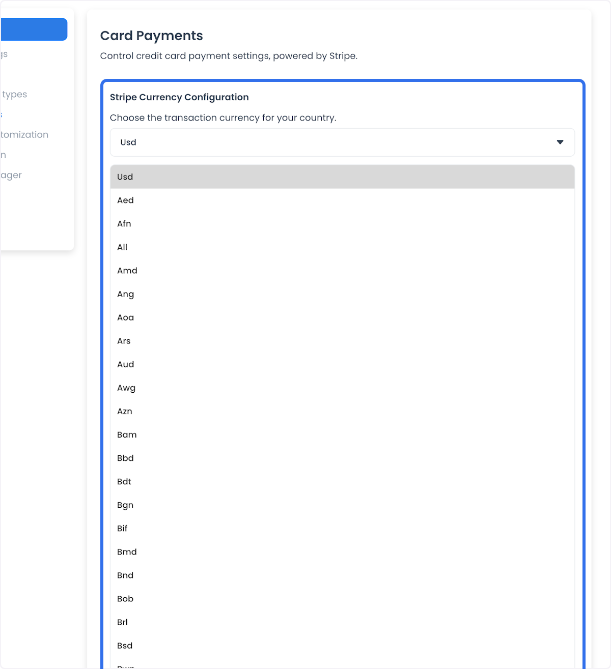 Stripe Currency Configuration menu expanded in Card Payments settings