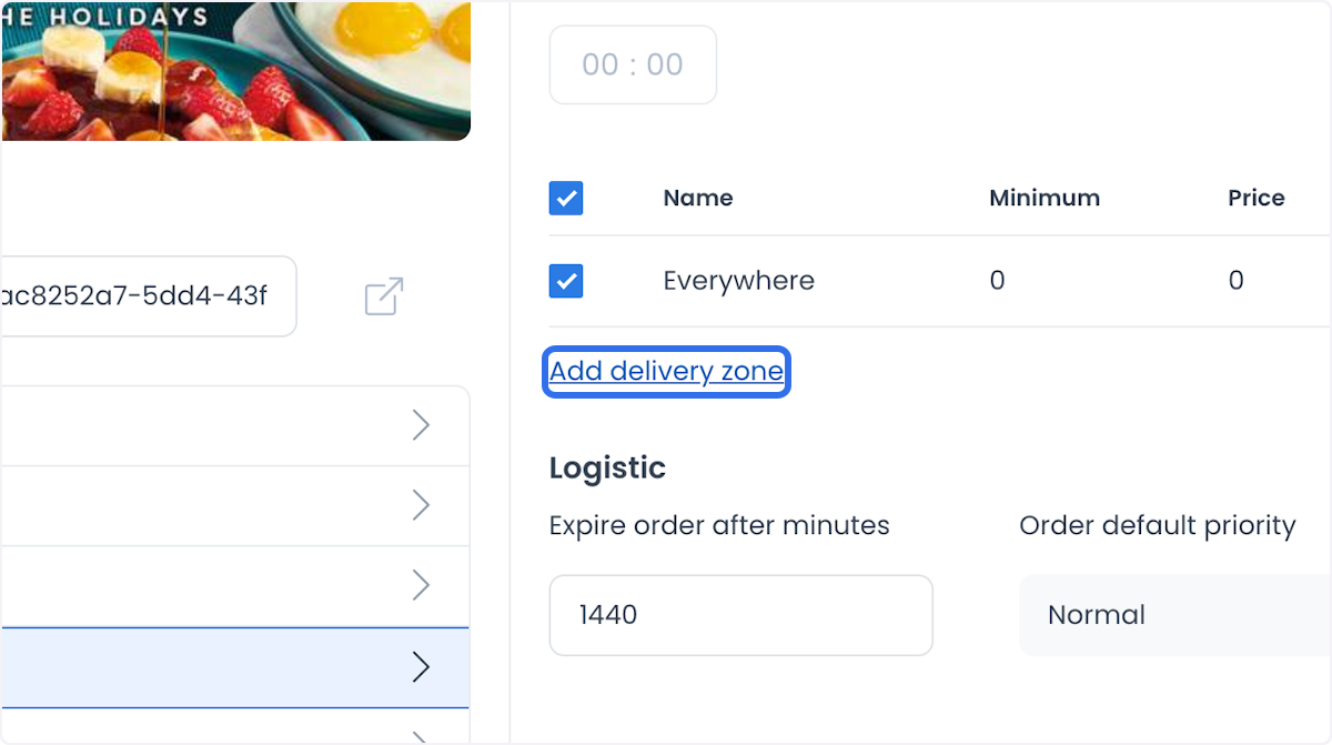 Delivery zones section in the delivery, pickup and more panel