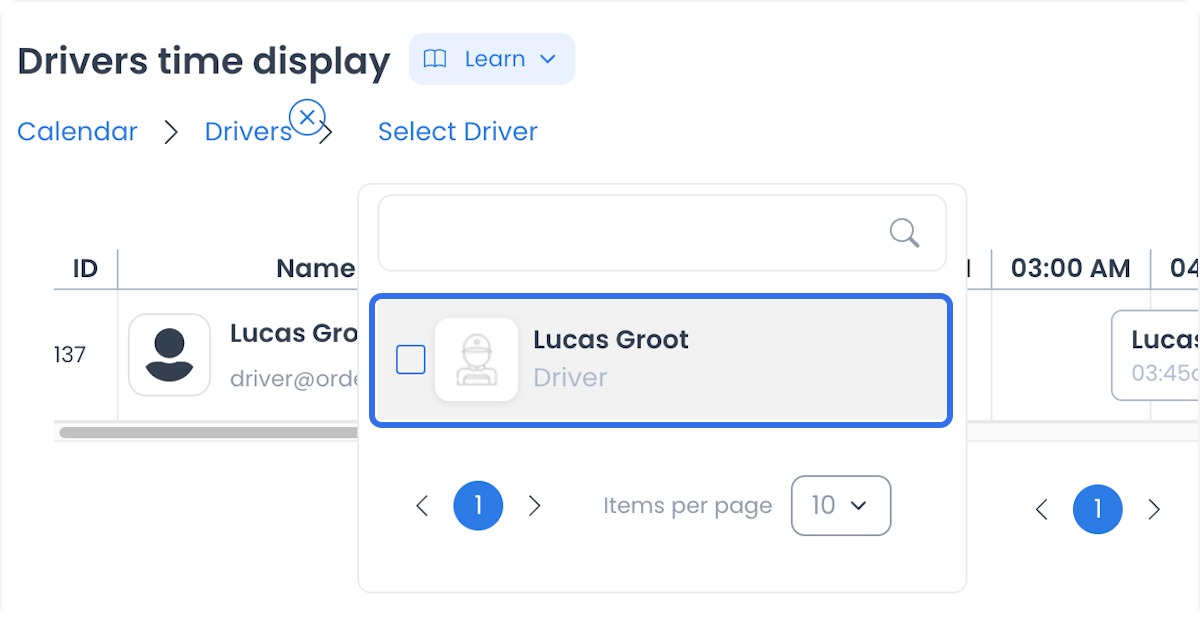 Calendario con un Driver seleccionado