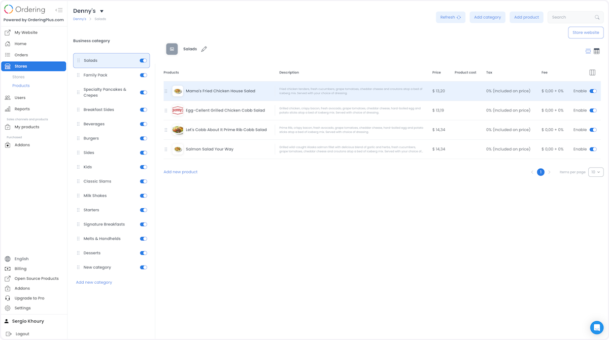 Category and product selection for a menu