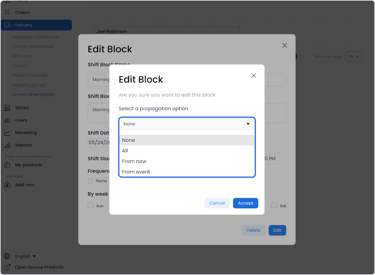 Selector de alcance de propagación para un bloque recurrente editado