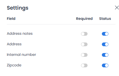 Panel Address fields con los controles Internal Number, Zipcode y Address Notes