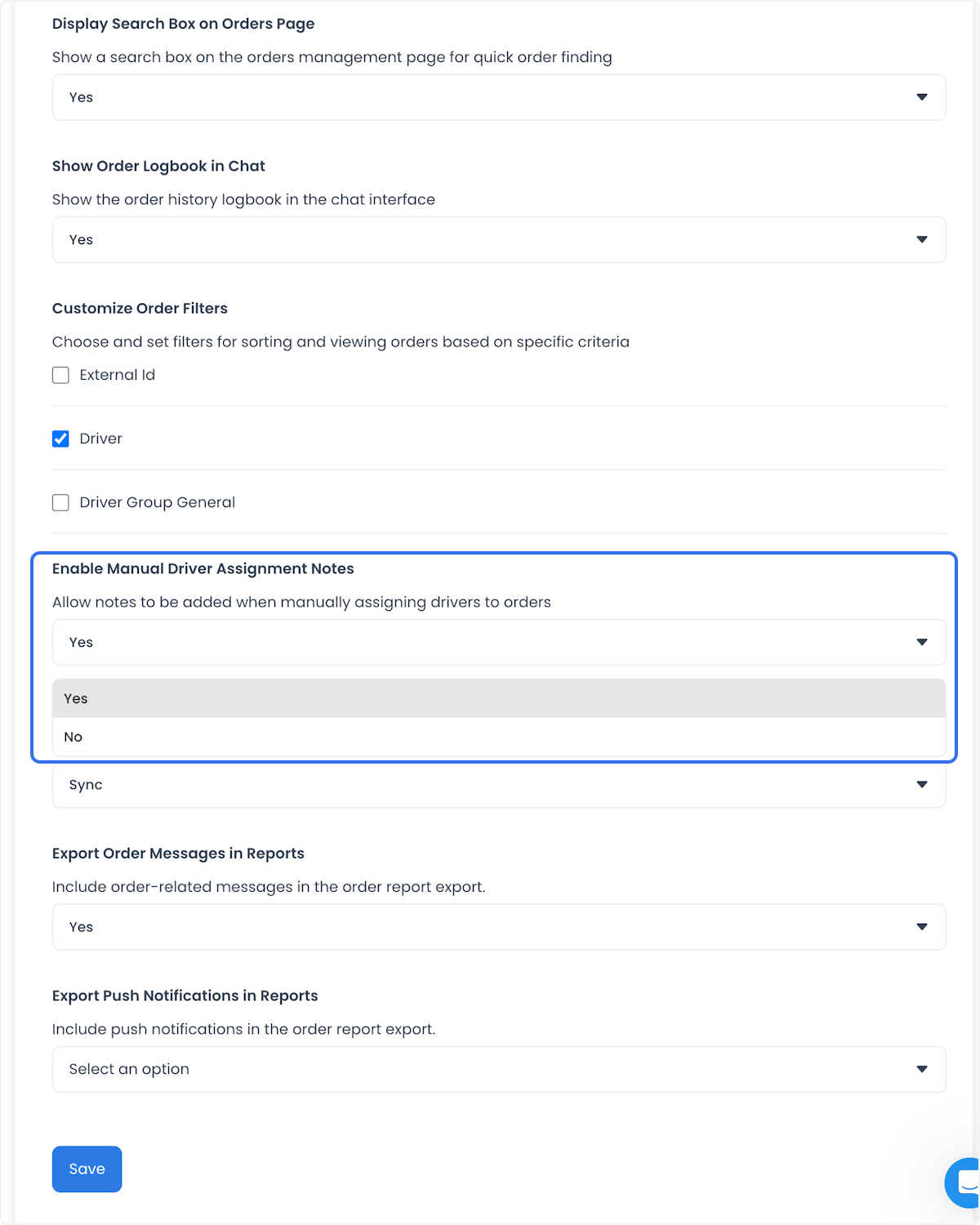 Control histórico de Order management para notas manuales de asignación de conductor