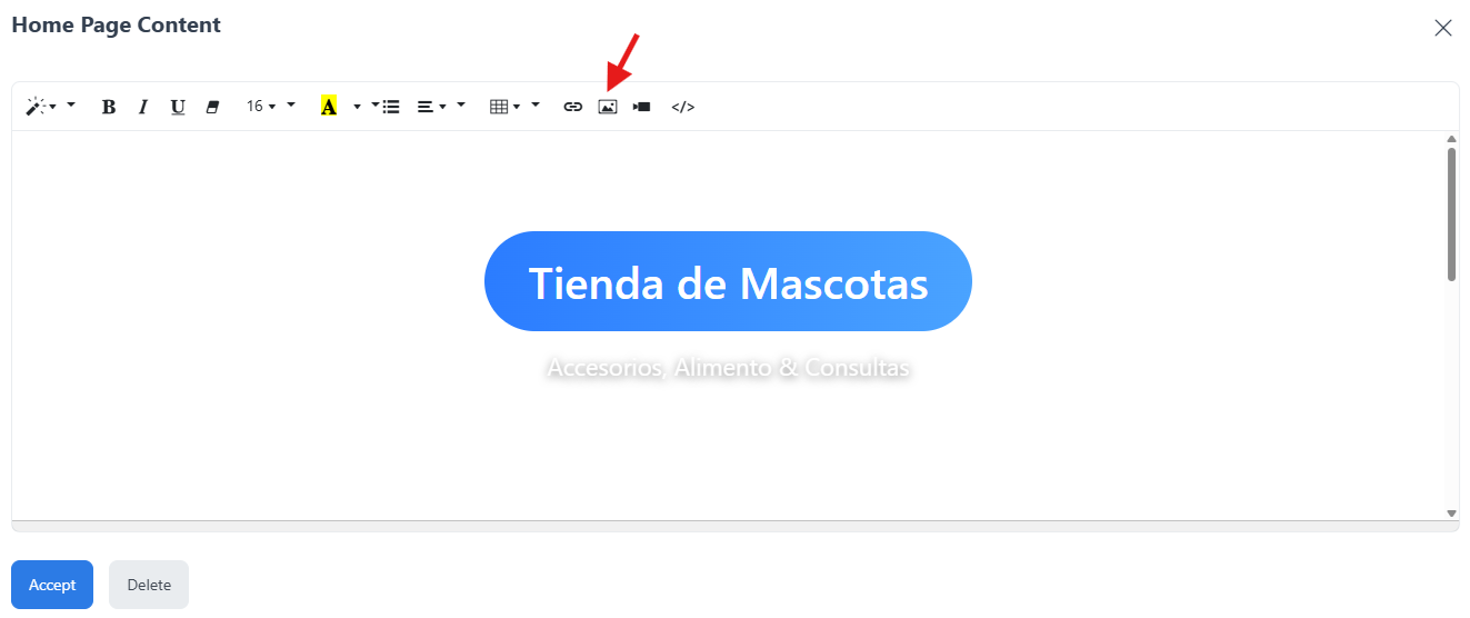 Image icon in the Home Content editor