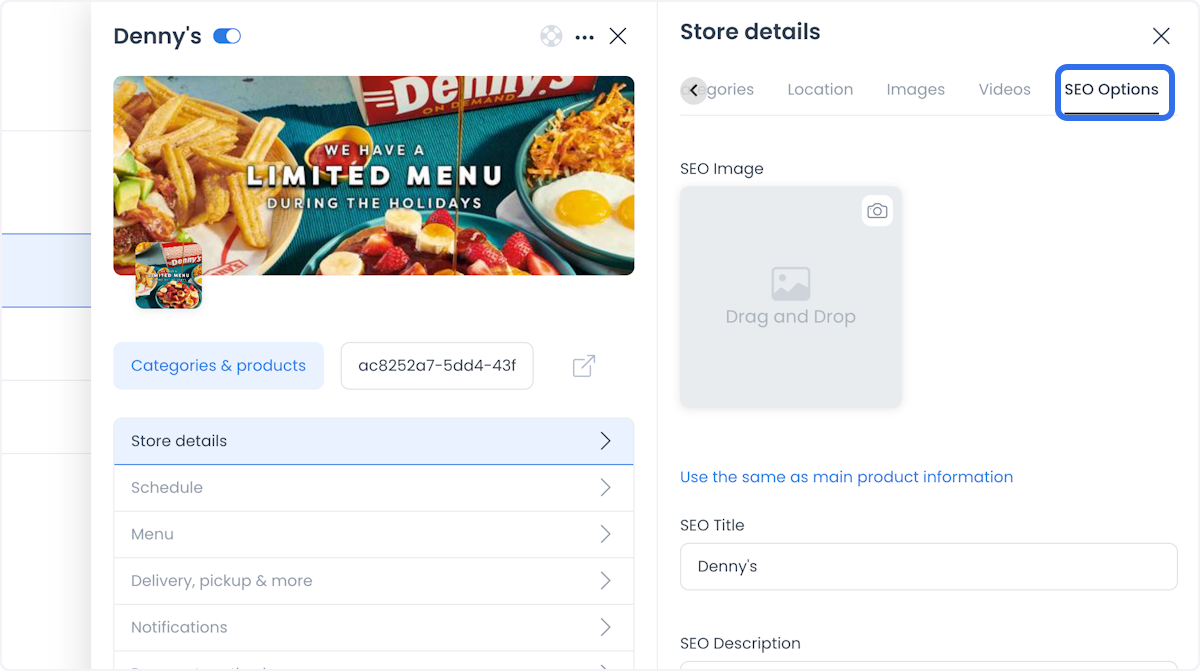 Pestaña SEO Options con campos de imagen, título, descripción y slug SEO
