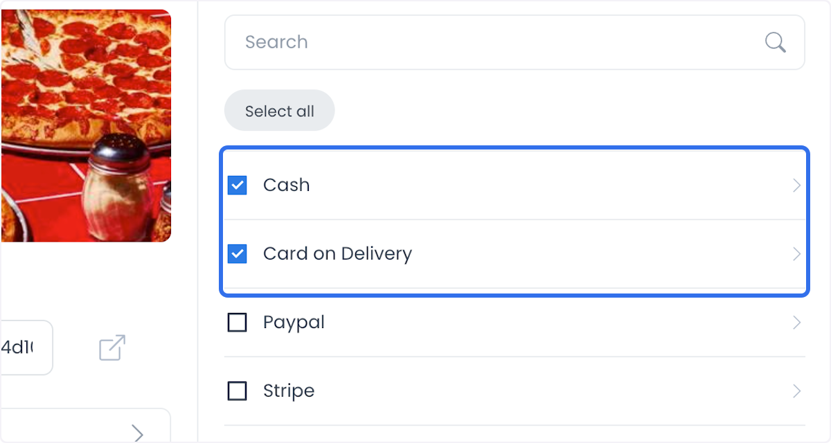 Payment methods settings with Cash on Delivery and Card on Delivery toggles