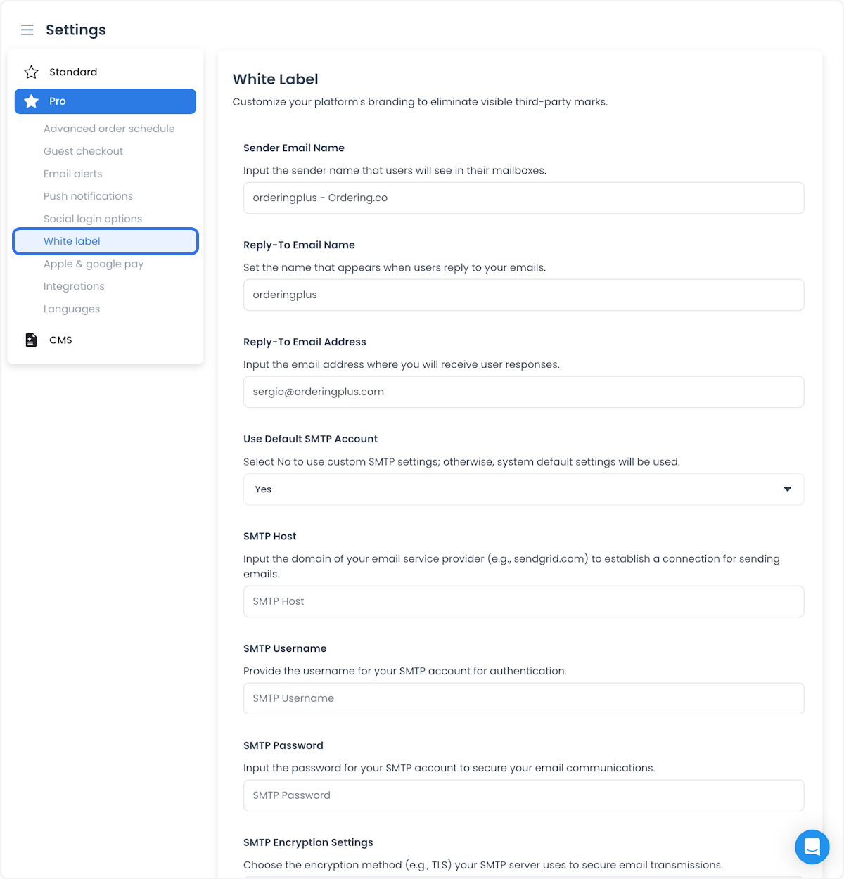 Controles de remitente de correo y respuesta de White label