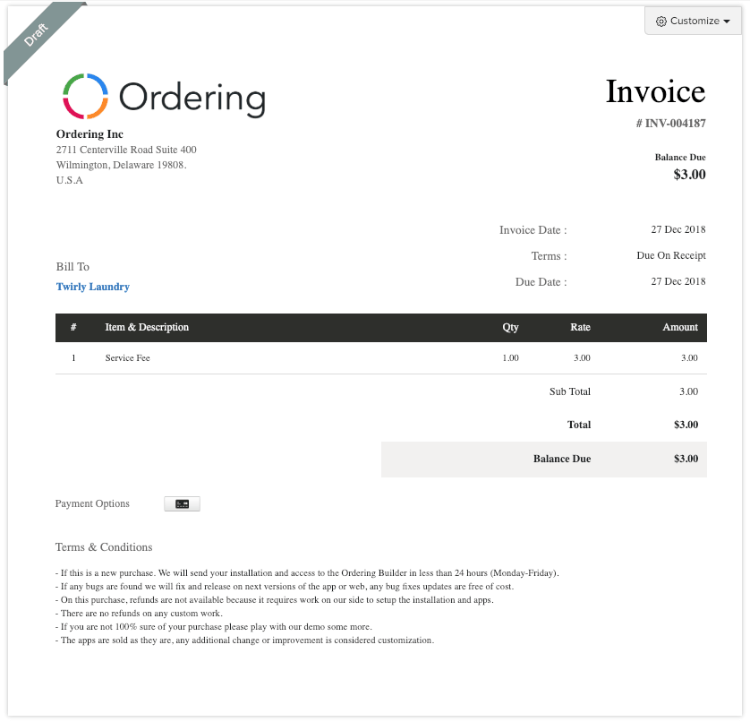 Captured example of a generated invoice document