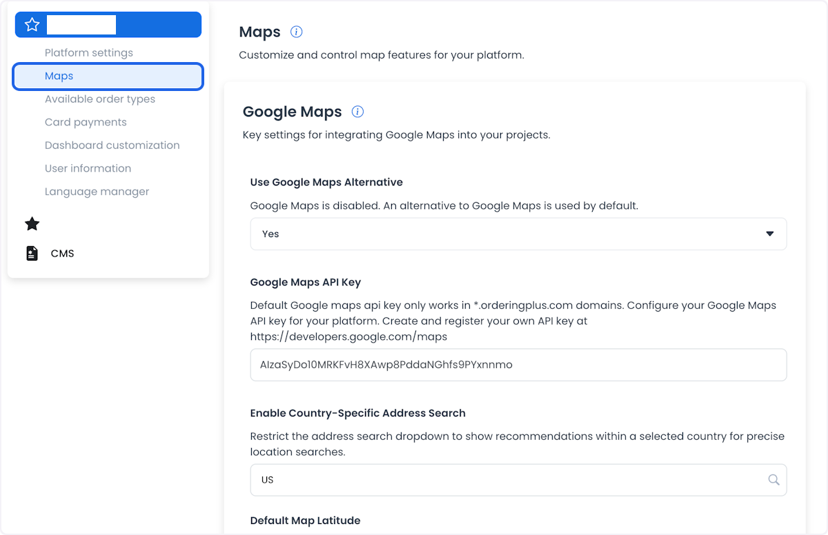 Ubicación de Maps en los ajustes de Dashboard
