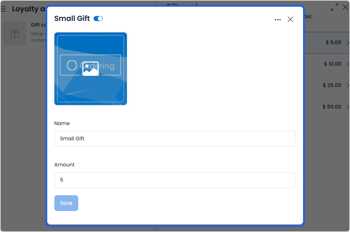 Formulario de producto de tarjeta de regalo con nombre, monto, imagen y control Save
