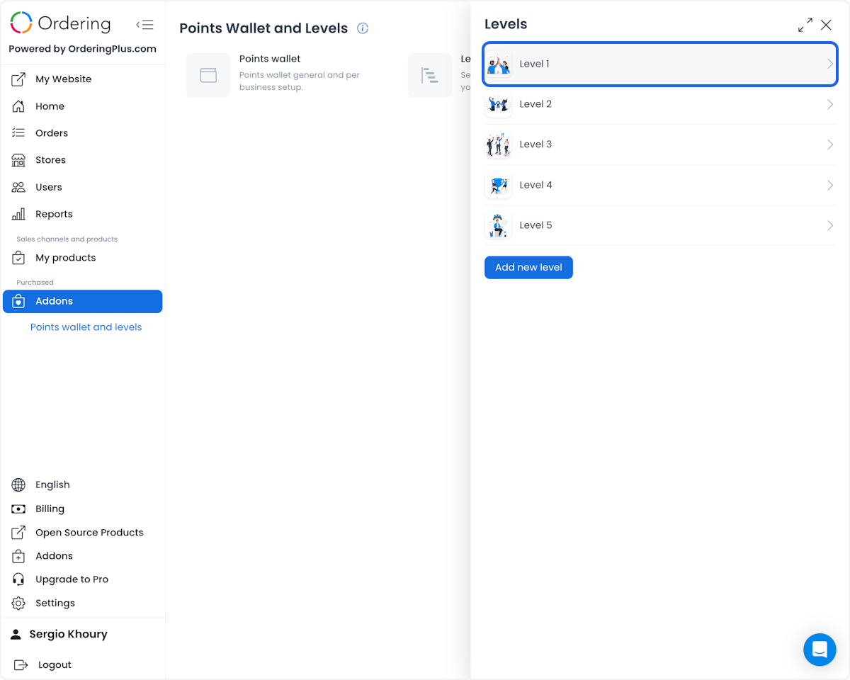 Levels panel with existing level records and Add new level control