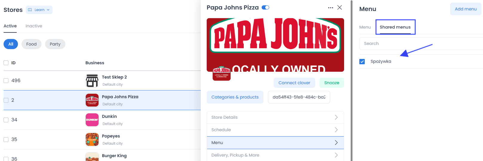 Shared Menus tab in a store menu panel