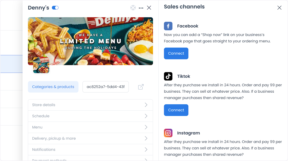 Botón Connect junto a una plataforma de redes sociales en la lista Sales Channels