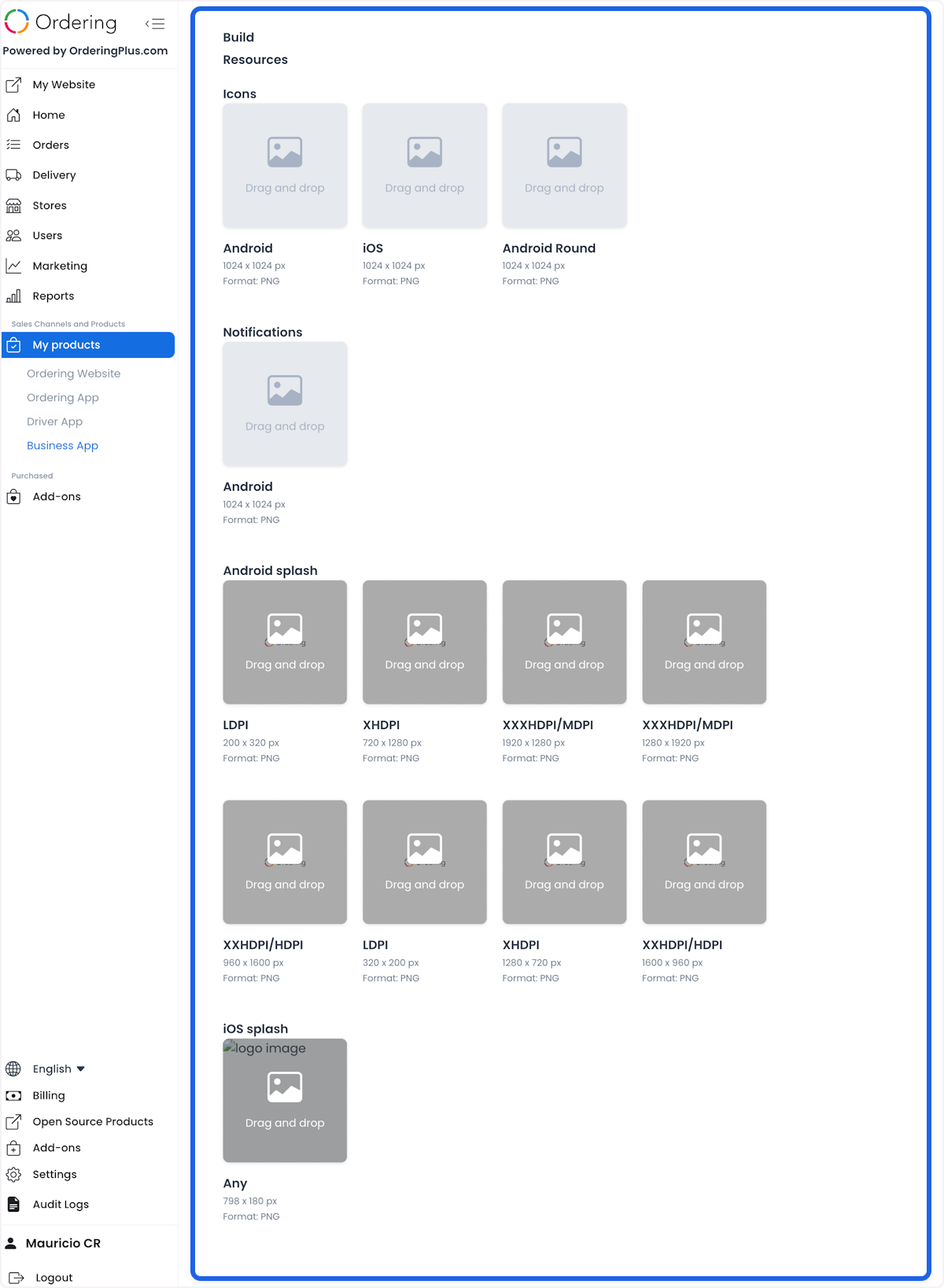 Configuración de recursos de compilación de Business App