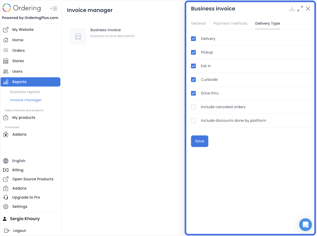 Delivery Type tab in a Business invoice with order-type and include-order options
