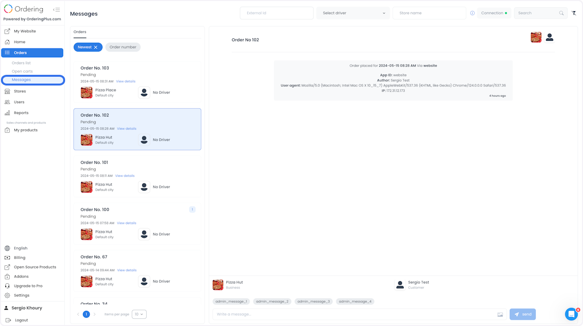 Interfaz Messages para un pedido seleccionado