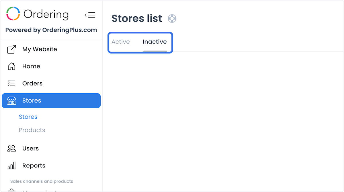 Lista ilustrativa de Stores con la pestaña Inactive seleccionada