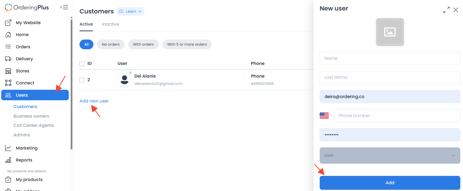 Botón Add para crear una cuenta de Customer, Business owner o Admin