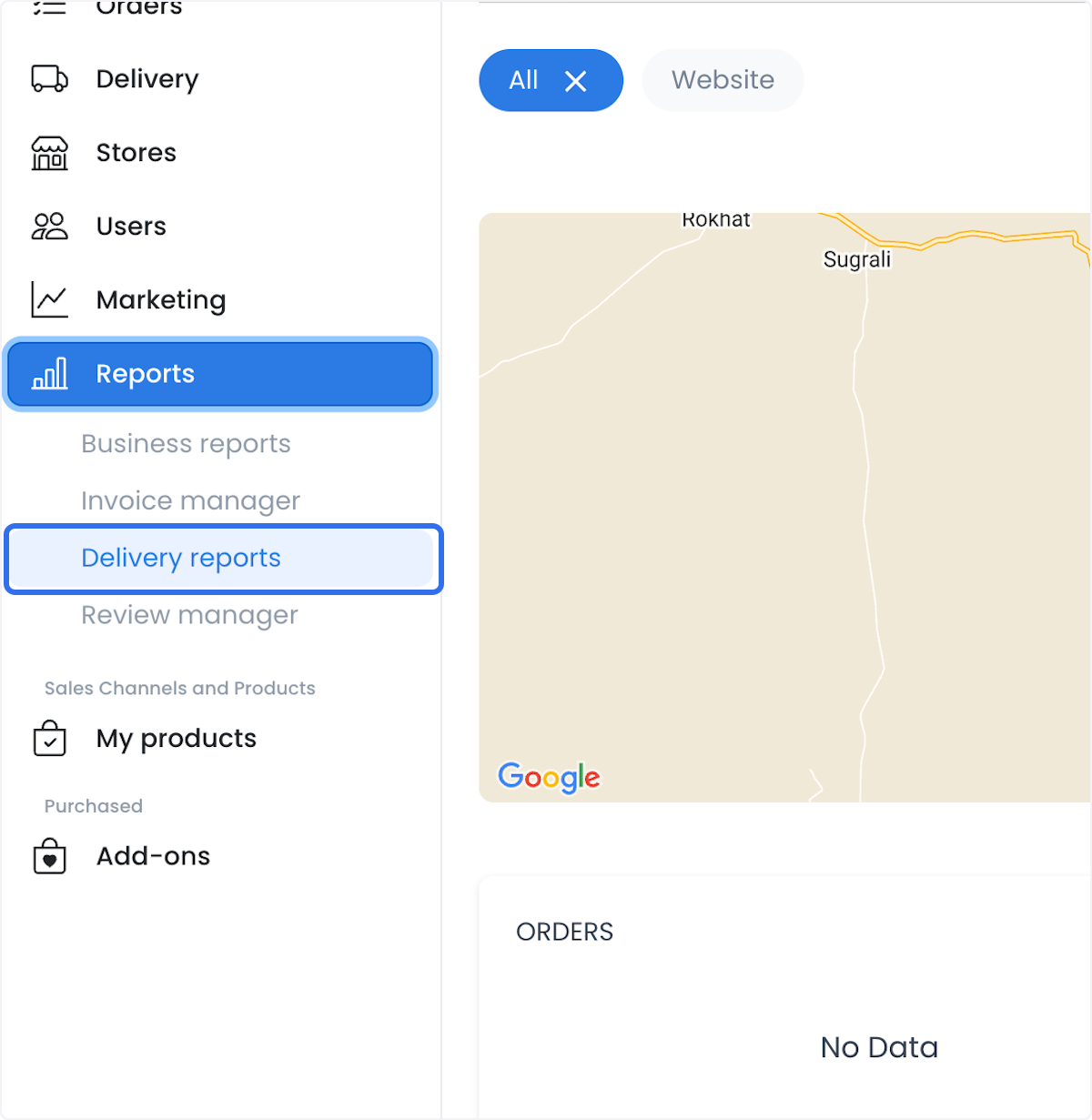 Navegación ilustrativa de Delivery reports con un mapa y una tarjeta Orders vacía