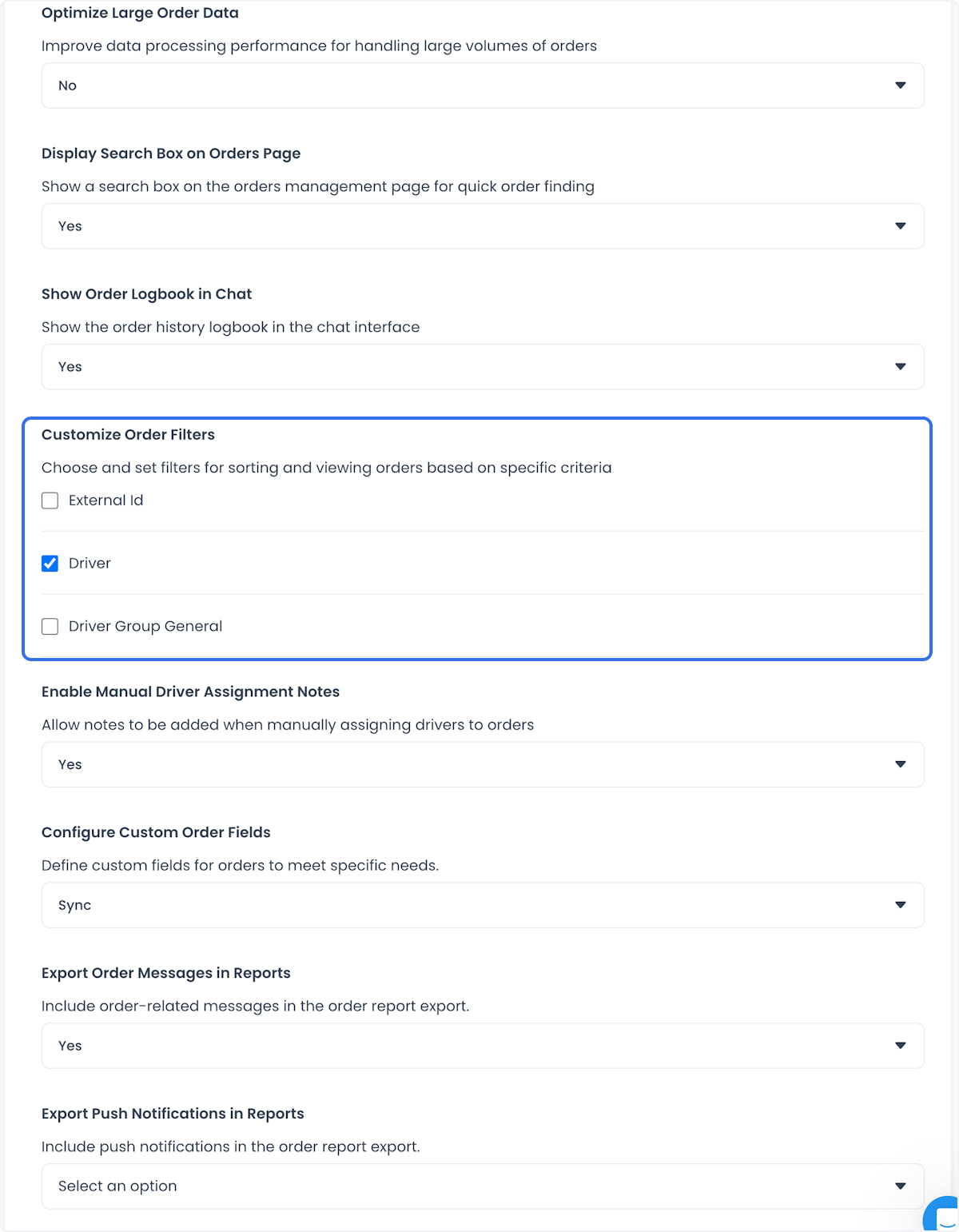 Opciones históricas de filtros de Order management
