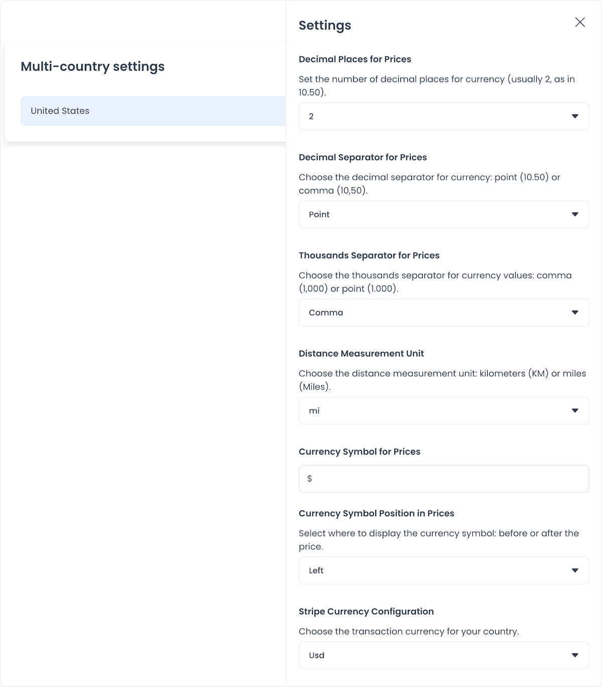 Multi-country settings con controles de formato, distancia, símbolo de moneda y moneda Stripe
