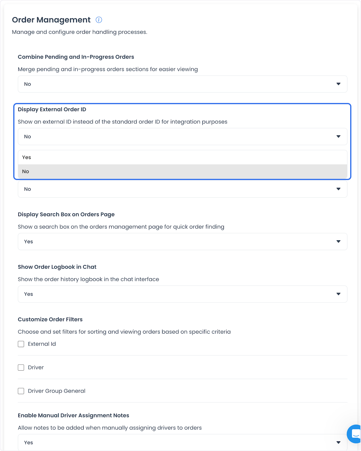 Control histórico de Order management para mostrar un ID de pedido externo