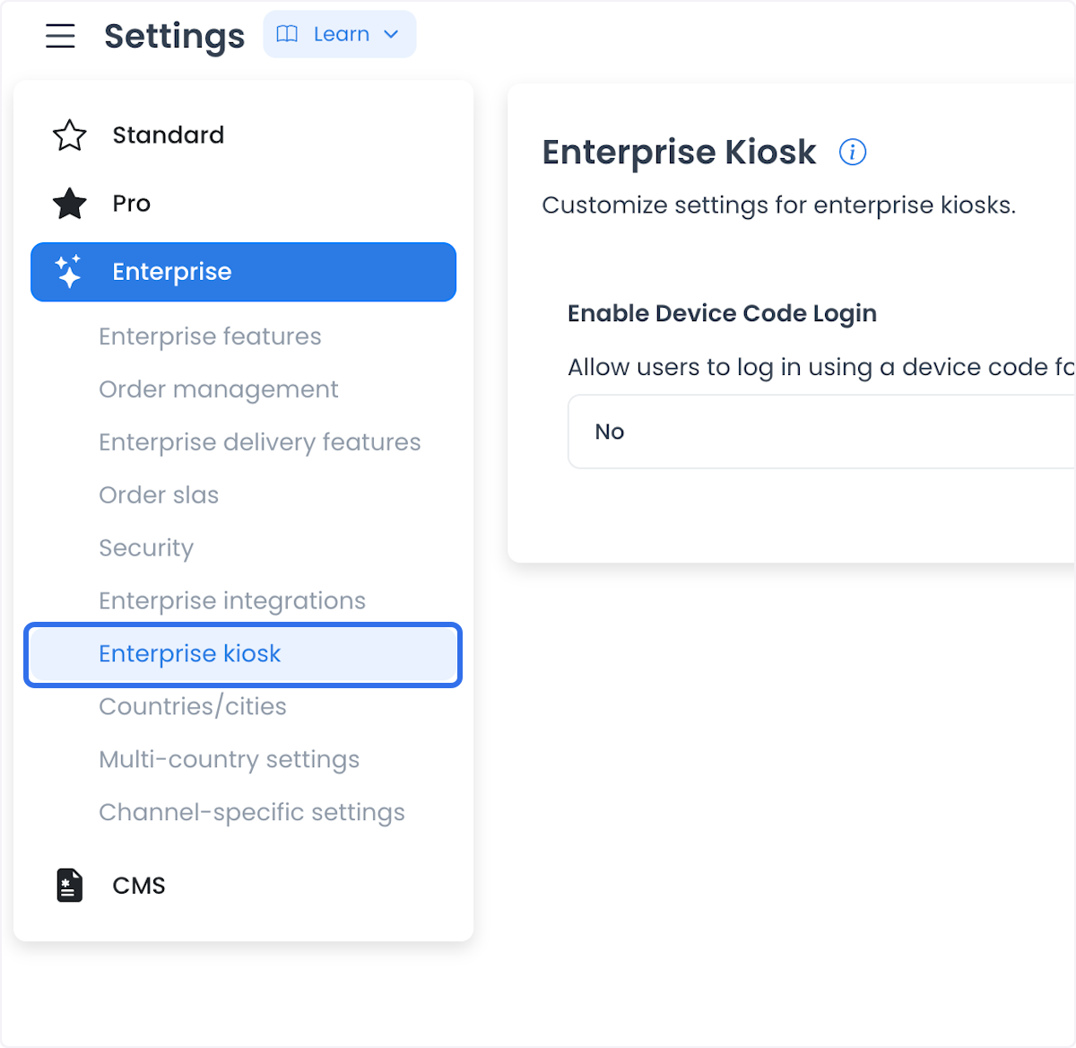 Ajuste Enterprise Kiosk que muestra Enable Device Code Login