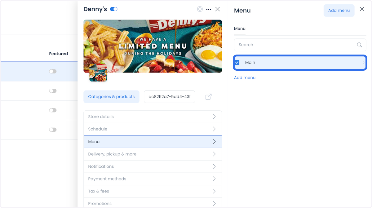 Menu Main selected from a store category
