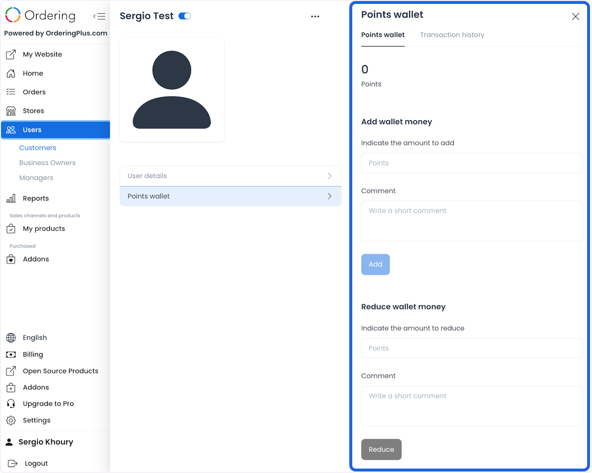 Customer points wallet with add and reduce point controls