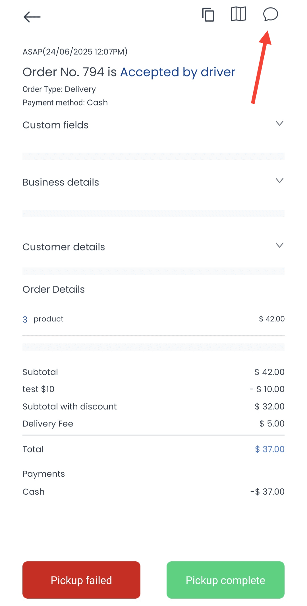Pantalla de pedido de Driver App con acción de chat
