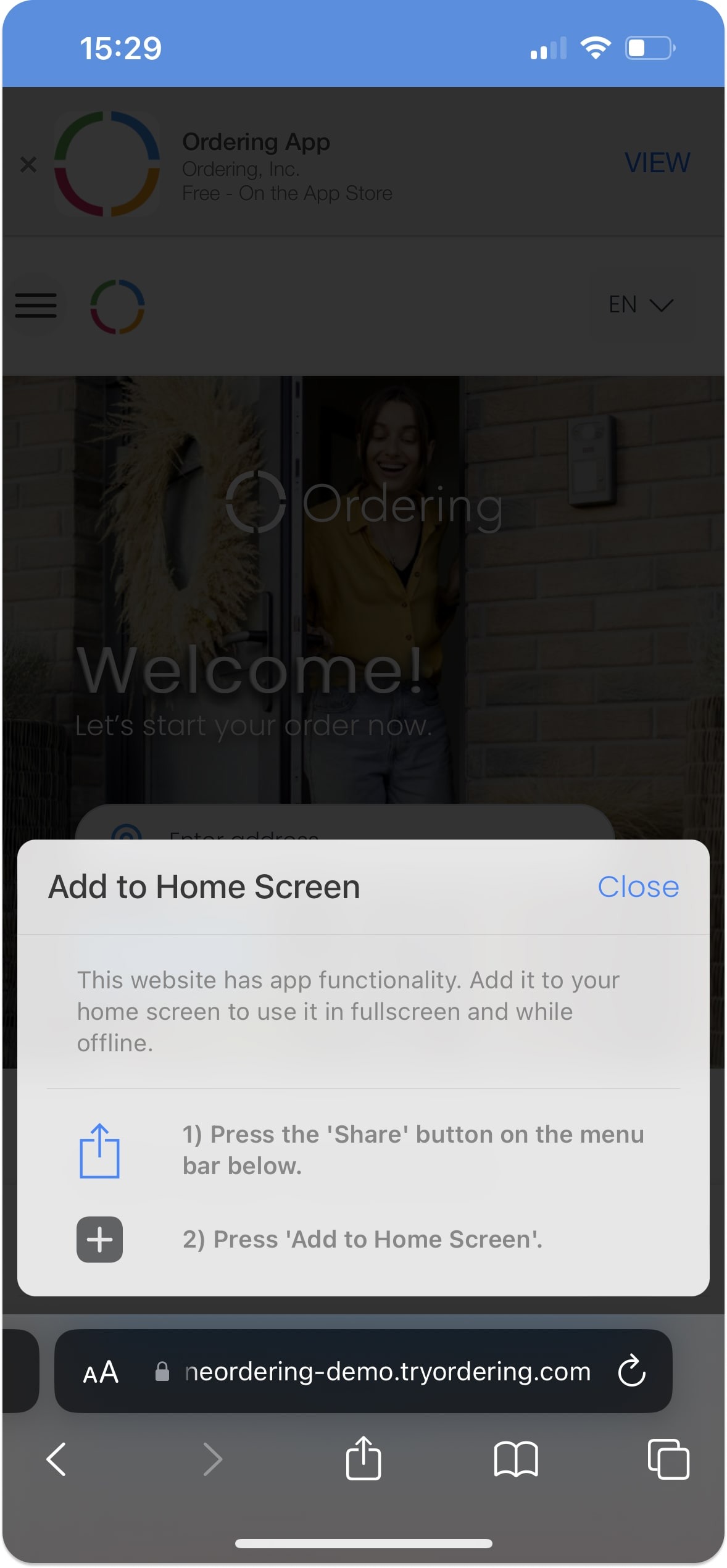 Safari showing the option to add a website to the home screen